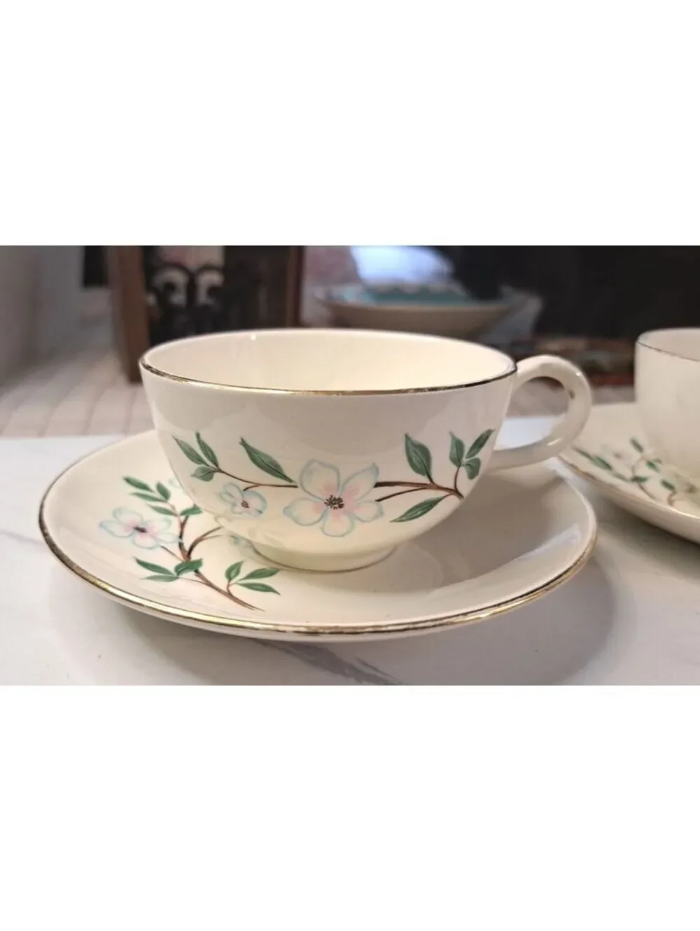 Vintage Set of 2 Homer Laughlin Rhythm Dogwood Gold Trimmed Cups and Saucers